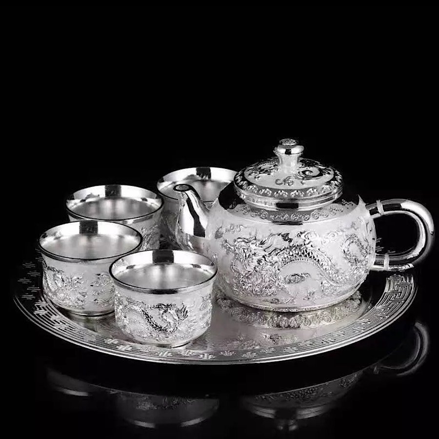 Bộ ấm trà - cốc chén long phụng trình tường mạ bạc độc đáo