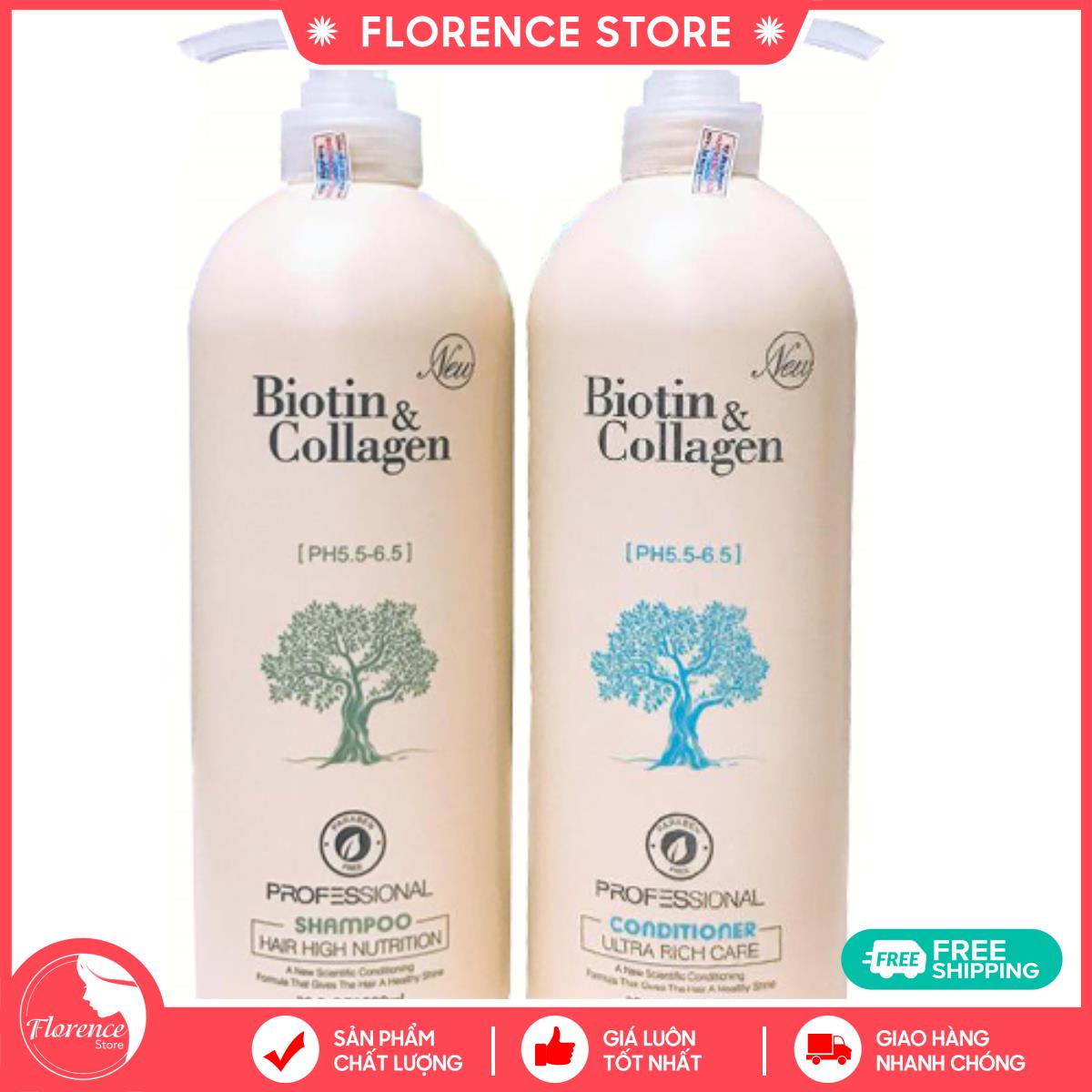 Bộ dầu gội xả Biotin Collagen trắng 1000ml x2 [Mẫu mới 2021] phục hồi và kích thích mọc tóc - Florence Store