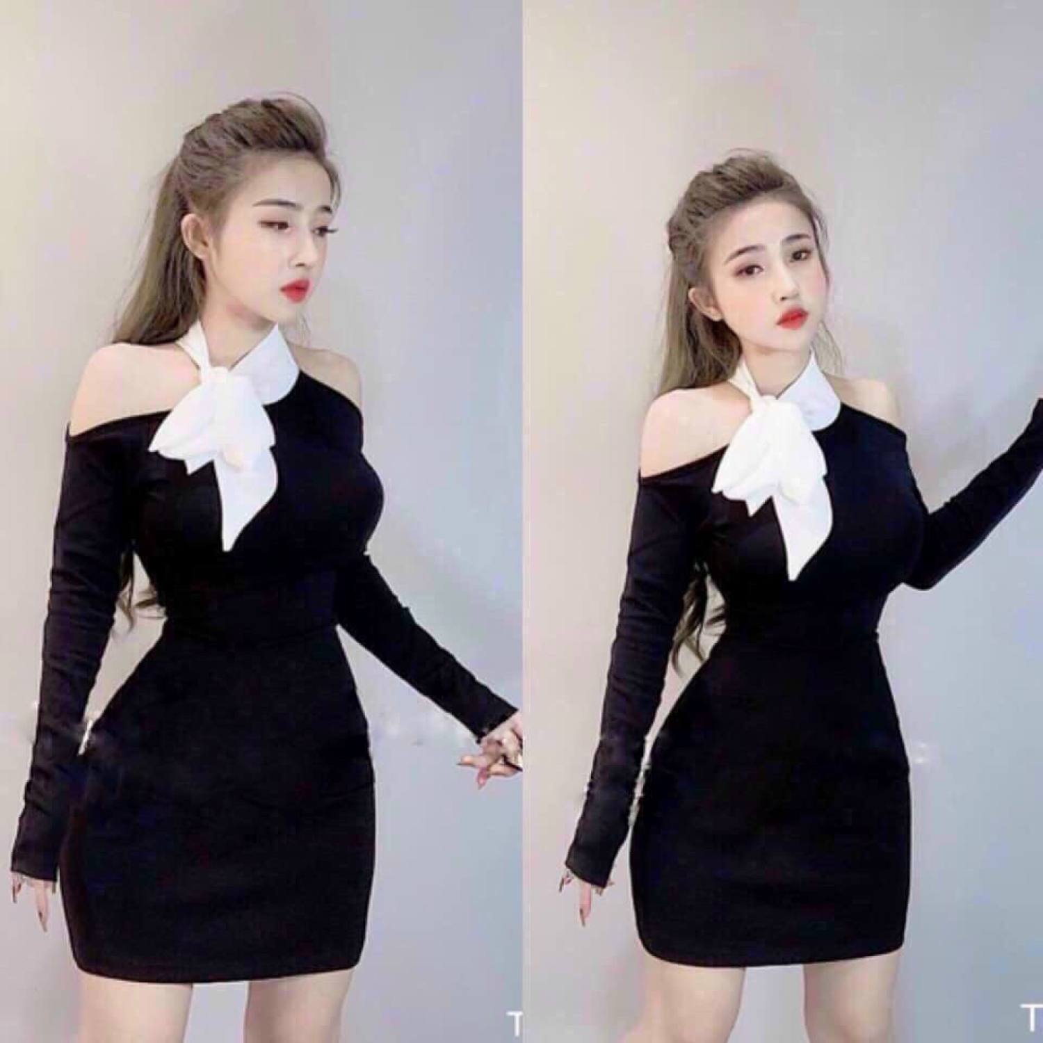 Đầm dự tiệc dây cột nơ cổ - đầm body trễ vai tay dài