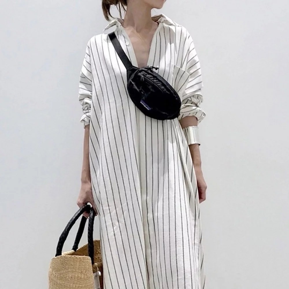 Váy maxi sọc cotton dáng rộng, tay dài