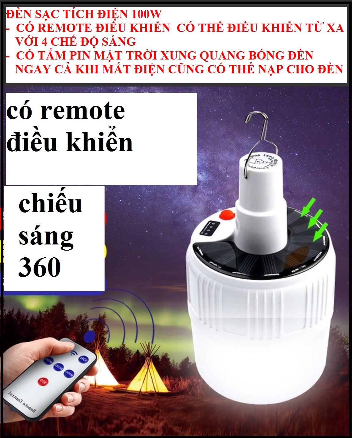 bóng đèn tích điên 100W có remote điều khiển và tấm pin năng lượng mặt trời