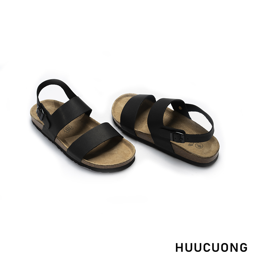 Giày Sandal Unisex 2 quai da bò đen đế trấu