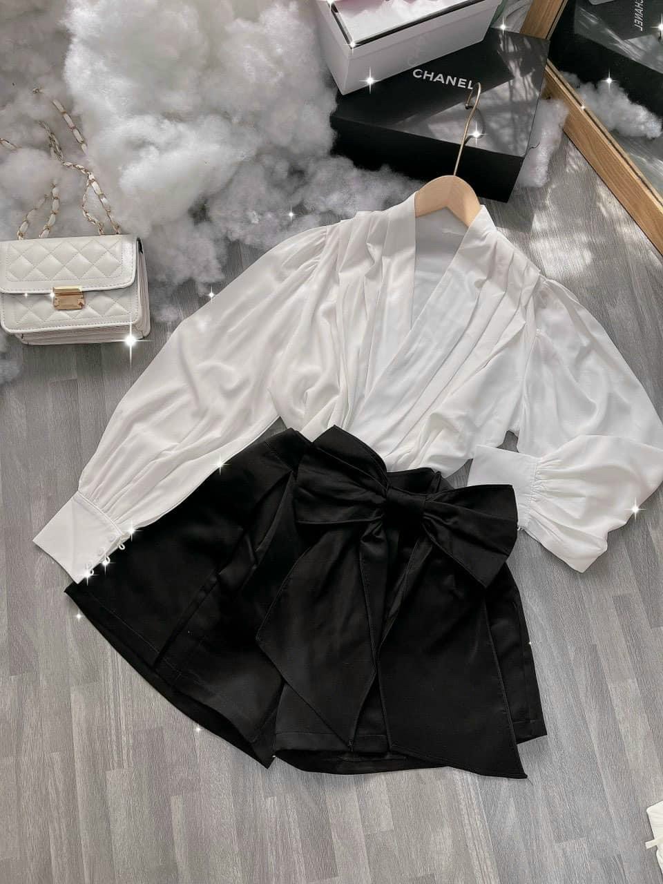 Set Áo Sơmi Lụa Mix Quần Tapa Nơ Xinh Xắn