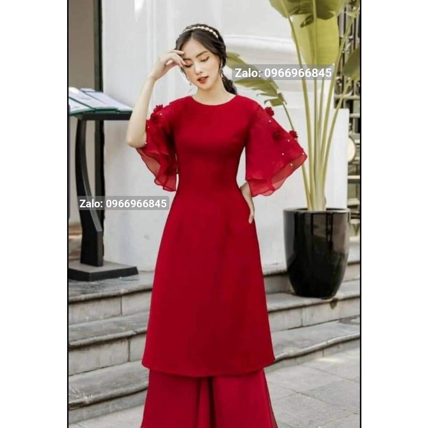 Áo dài cao cấp vải tơ Organza tay loe đính hoa xinh - Áo dài Đan Linh