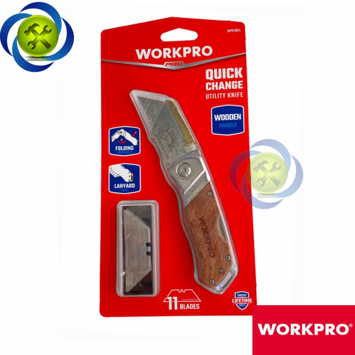 Dao rọc cáp workpro wp211014 gấp gọn thân gỗ kèm 10 lưỡi