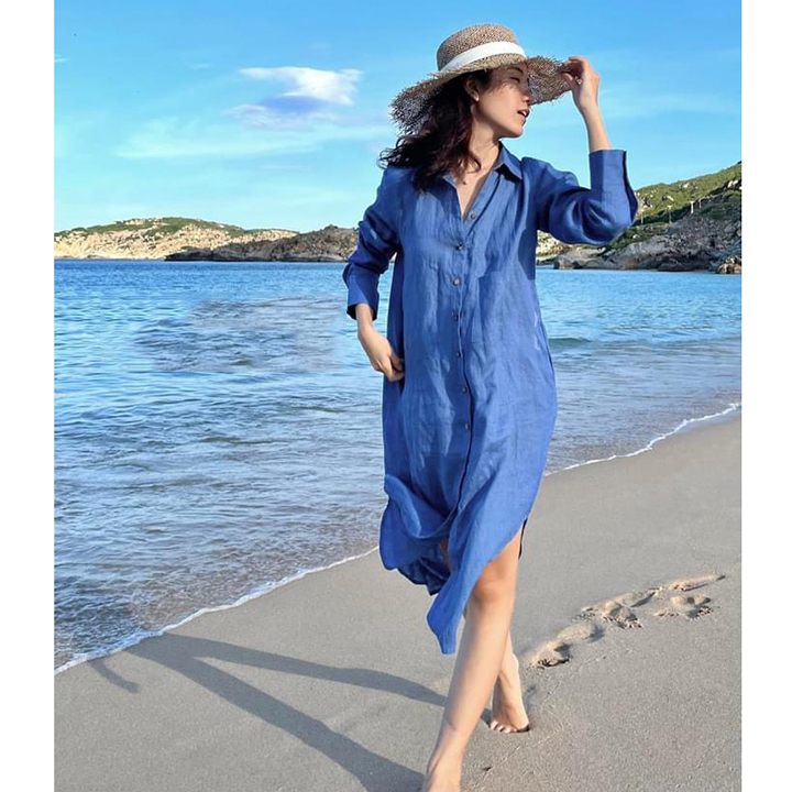 Đầm suông sơ mi Linen tơ Hàn mềm mại không kén dáng mặc có 2 màu lựa chọn