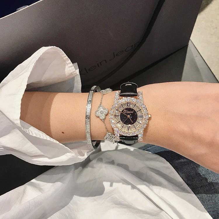 [HCM]Đồng hồ nữ DIMINI dây da mềm mặt nạm kim cương
