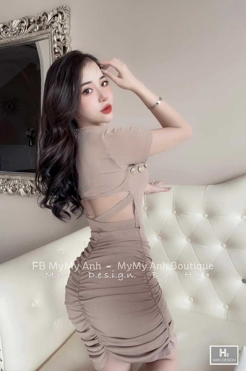 Váy body nữ cổ vuông nhún sườn, đầm ôm cộc tay đan chéo lưng