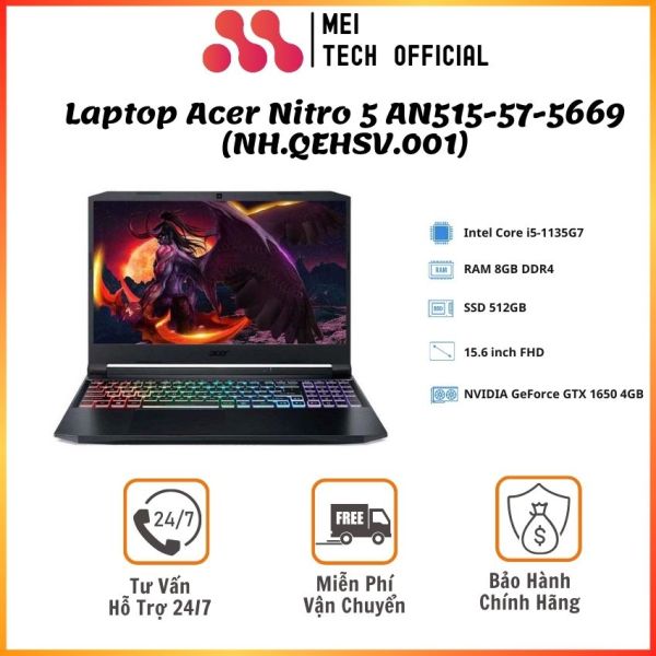 [Freeship] Laptop Acer Nitro 5 AN515-57-5669 (NH.QEHSV.001)/Shale Black/ Core i5- 11400H/ RAM 8GB/ 512GB SSD/ 15.6inch FHD/ NVIDIA GeForce GTX 1650 4GB/ Win 11 - MEI217 - Bảo hành 12 tháng