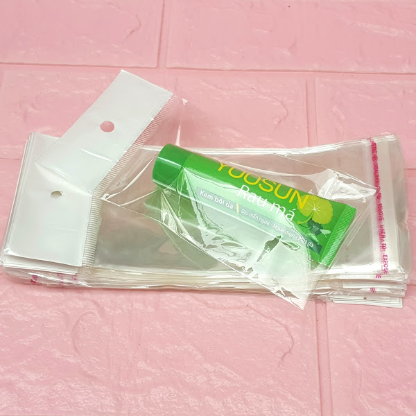 100g (~105cái) Túi Opp dán mép (Treo) 8x12cm (+ 4cm + 4cm) - Túi ni lông băng keo dán miệng - Bao nilon dán miệng