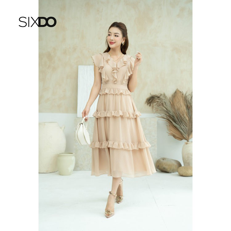 Đầm midi voan cổ V bèo tay hến SIXDO (Dark Beige Midi Voile Dress)