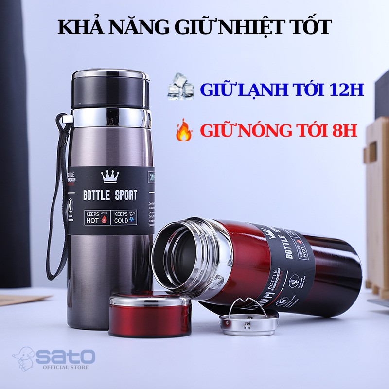 Bình giữ nhiệt 800ml và bình 1000ml giữ nhiệt tối đa 12h, có lưới lọc và dây đeo