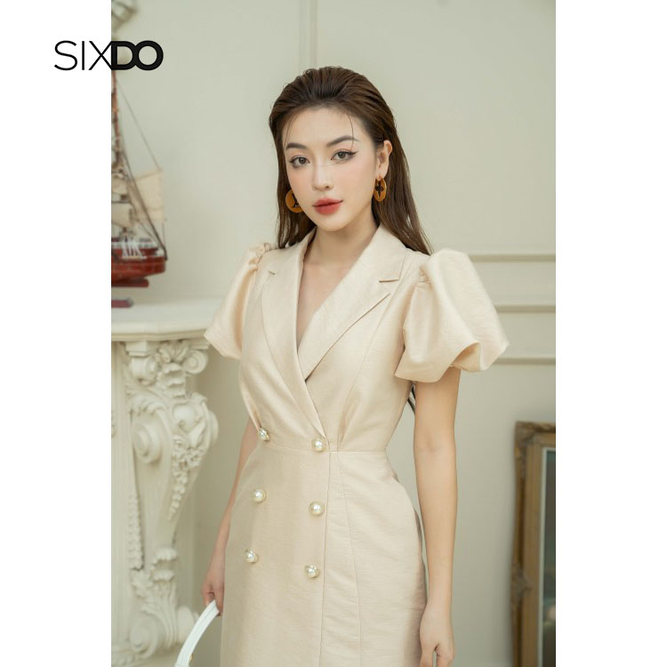 Đầm cổ vest tay bồng thời trang SIXDO (Delicate Yellow Short Sleeves Mini Taffeta Dress)