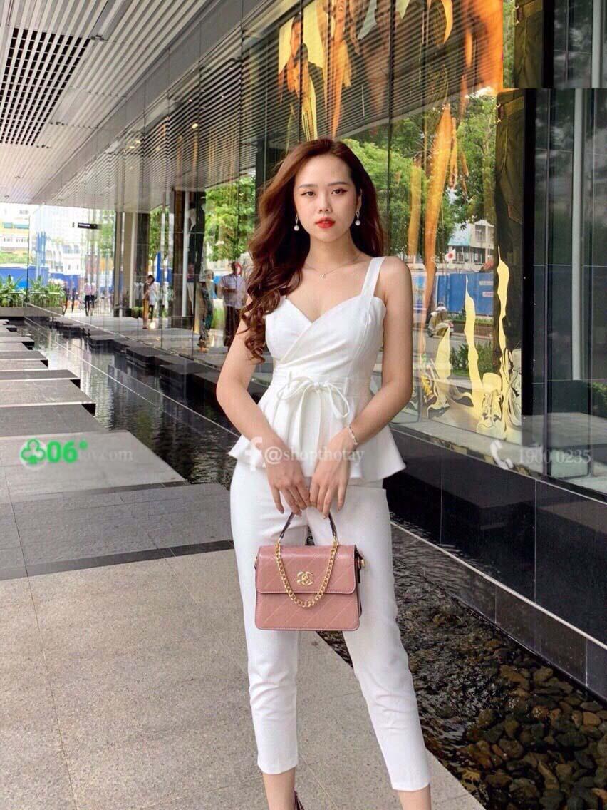 Jumpsuit nữ quần dài lưng chum áo thắt nơ cổ v hai dây thời trang xuân hè J54