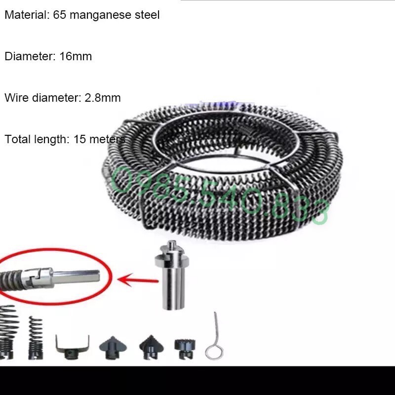 Dây thông tắc cống dùng cho máy khoan ( 12M dây + 6 đầu thông+ đầu kết nối máy khoan )