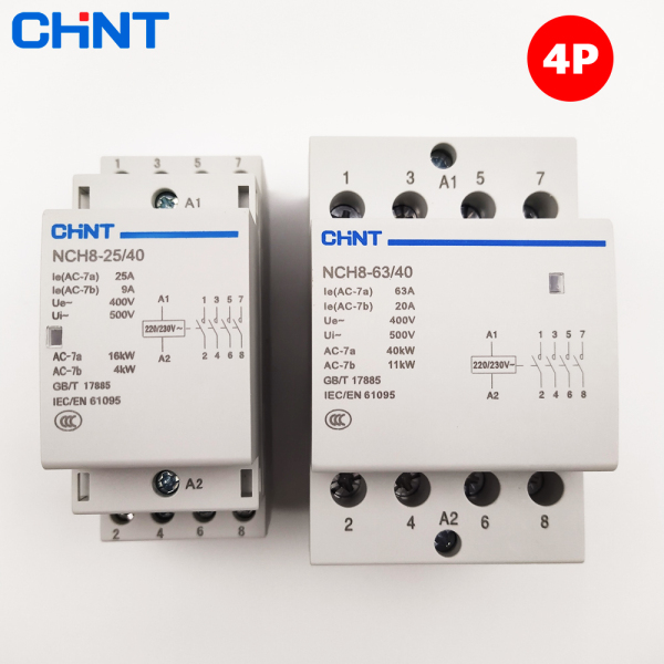 Khởi động từ 4P CHINT NCH8-25/40 NCH8-63/40 25A 63A 220V dùng cho điện 3 pha 380V 4 pha