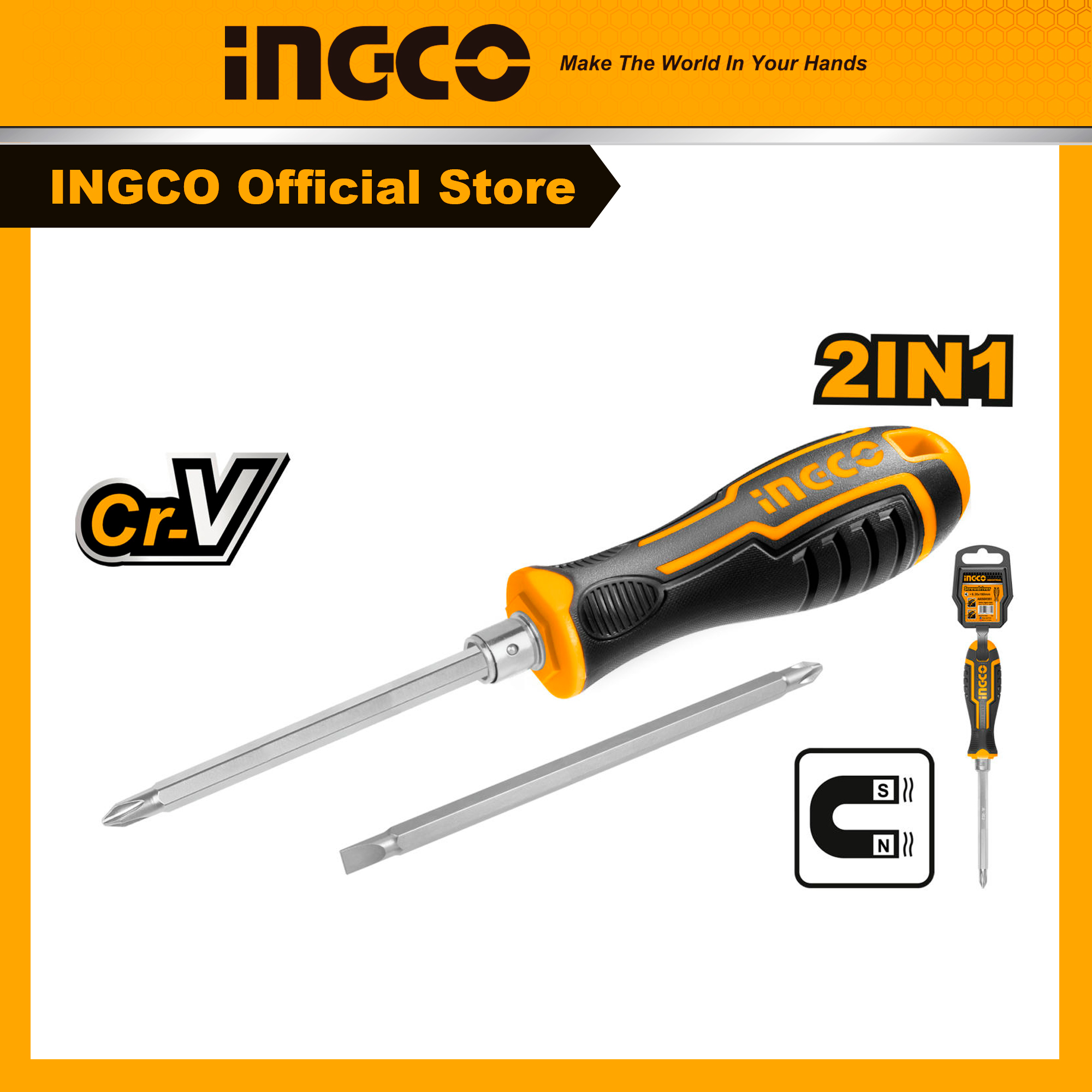 Tua vít 2 đầu thép crv cán nhựa cao su ingco akisd0201/akisd0202
