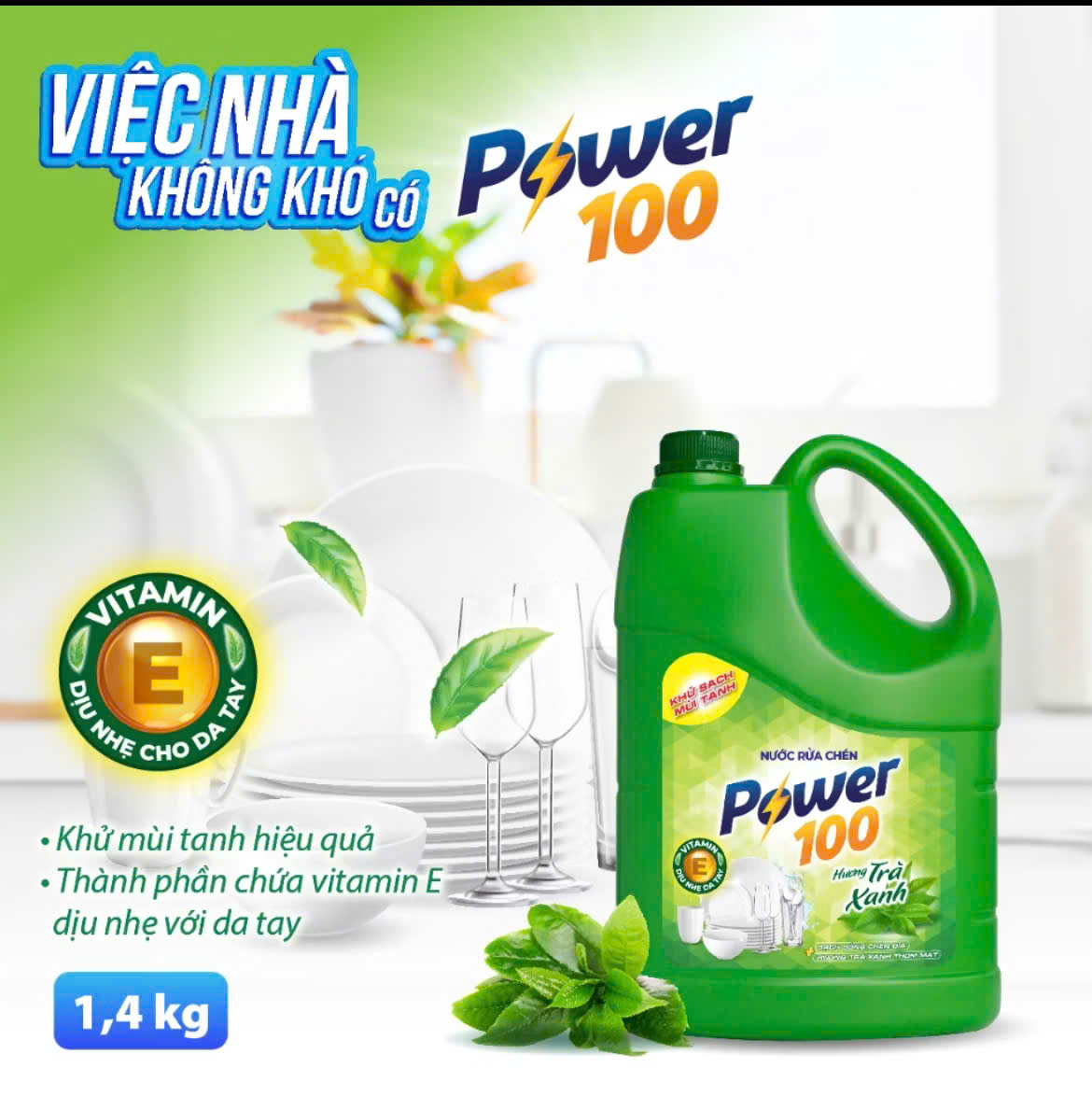 Nước rửa chén POWER100 hương chanh, trà xanh khử mùi tanh can 1.4 kg