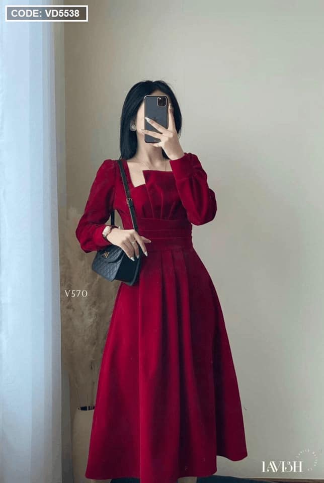 [HCM] Đầm Maxi đỏ ngực xếp ly kiểu bo eo - VD5538