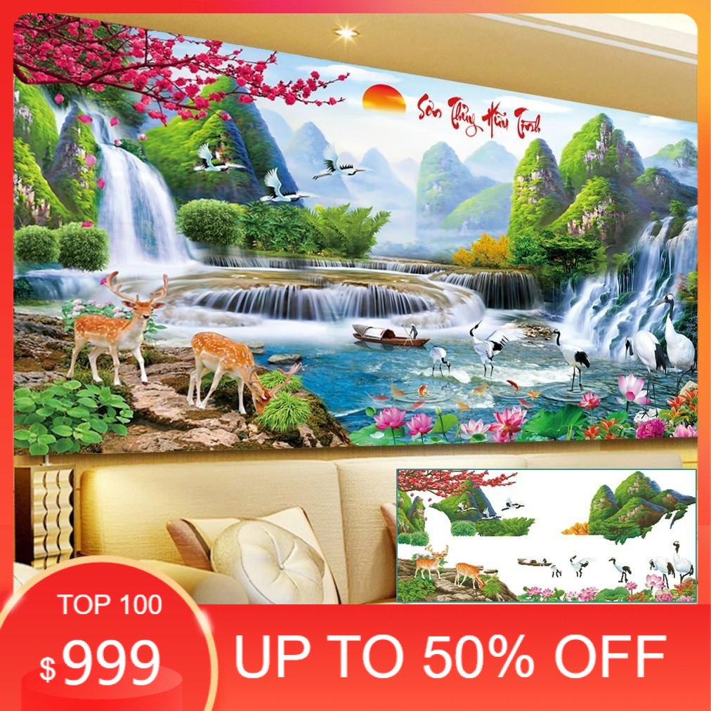 Tranh Đính Đá PHONG CẢNH SƠN THỦY HỮU TÌNH. Kích Thước: 1m2 x 55cm - 1m6 x 70cm - 2m x 90cm