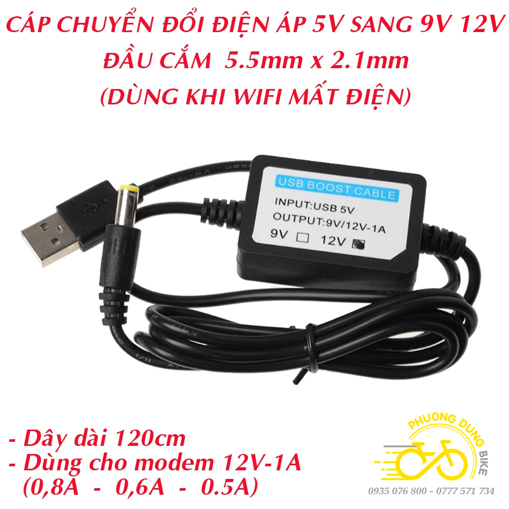 Dây cáp nguồn USB chuyển đổi 5V sang 9V 12V (Dùng cho modem WIFI - Mất điện vẫn có WIFI dùng)