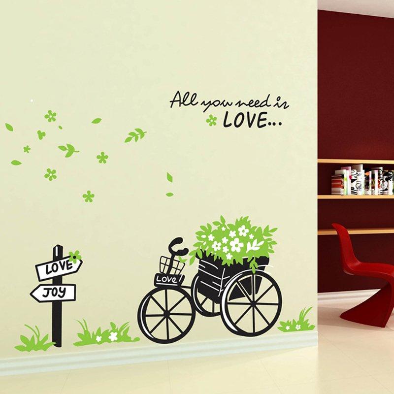 [HCM]DECAL DÁN TƯỜNG GIỎ HOA VÀ XE ĐẠP XANH