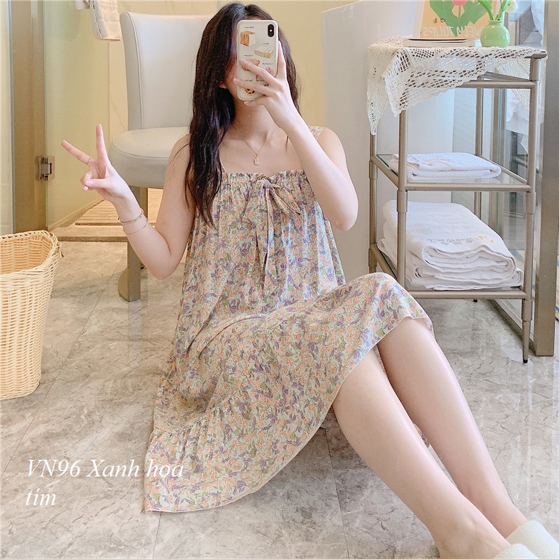 Váy lanh hai dây mặc nhà vn96