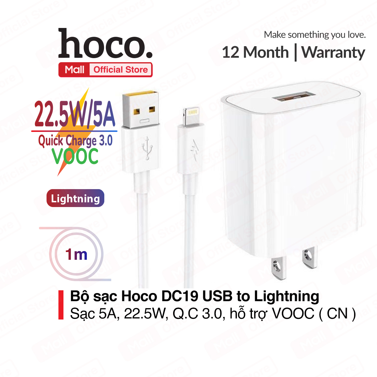 Bộ sạc nhanh Hoco DC19 USB to lightning sạc nhanh 5A/22.5W Quick charge 3.0 hỗ trợ sạc VOOC kèm dây dài 1m