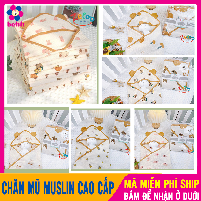Choàng Ủ Xô, Chăn Ủ Xô Muslin 4 Lớp Có Mũ Siêu Thoáng Mát Mềm Mịn Cho Bé