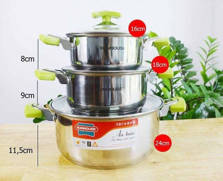 Bộ nồi inox 3 đáy SUNHOUSE SH336