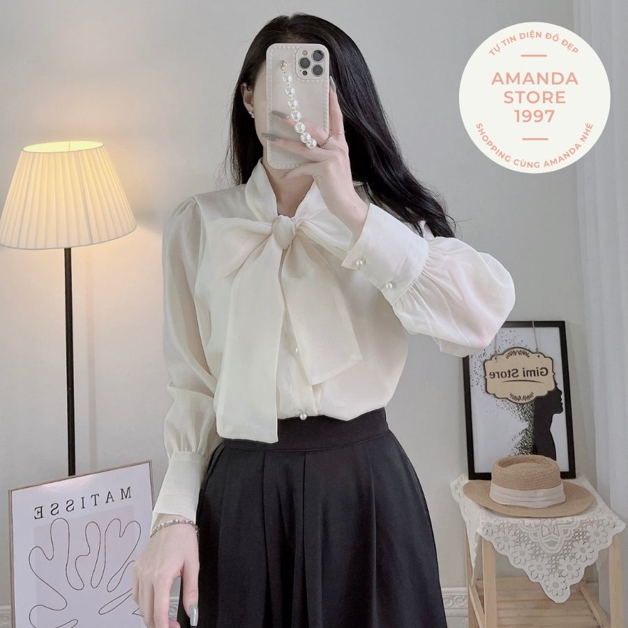 Áo sơ mi nữ cổ nơ dài tay hàng cúc ngọc siêu xinh. áo sơ mi chất voan cổ nơ cúc ngọc sang chảnh