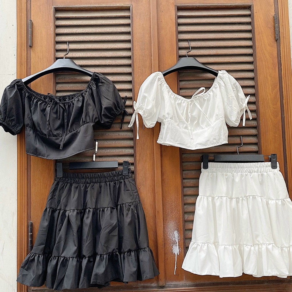(CLIP THẬT) Set áo croptop và chân váy xoè Sambo