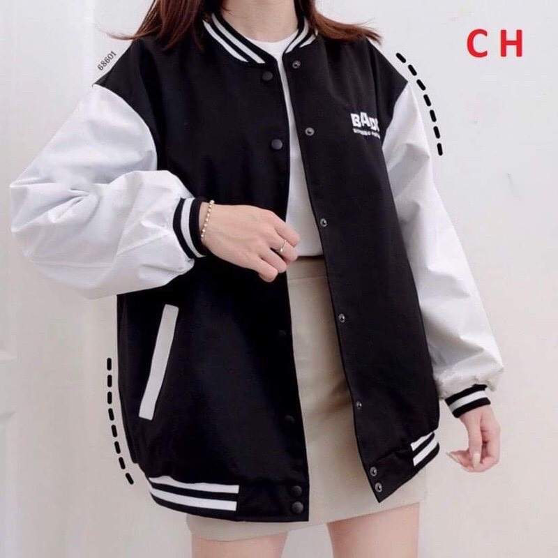 Áo gió BOMBER phối tay trắng BADGE CH12, Thời trang nữ, Áo kiểu, Áo đẹp, Áo khoác