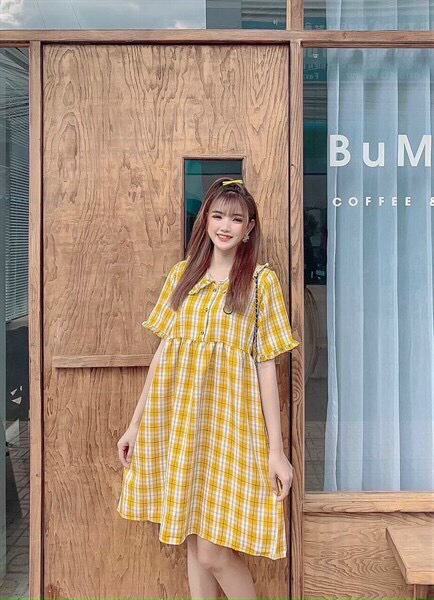 Đầm caro cổ bèo đầm babydoll dáng suông đầm mặc bầu đầm iểu thư dáng suông dễ thương