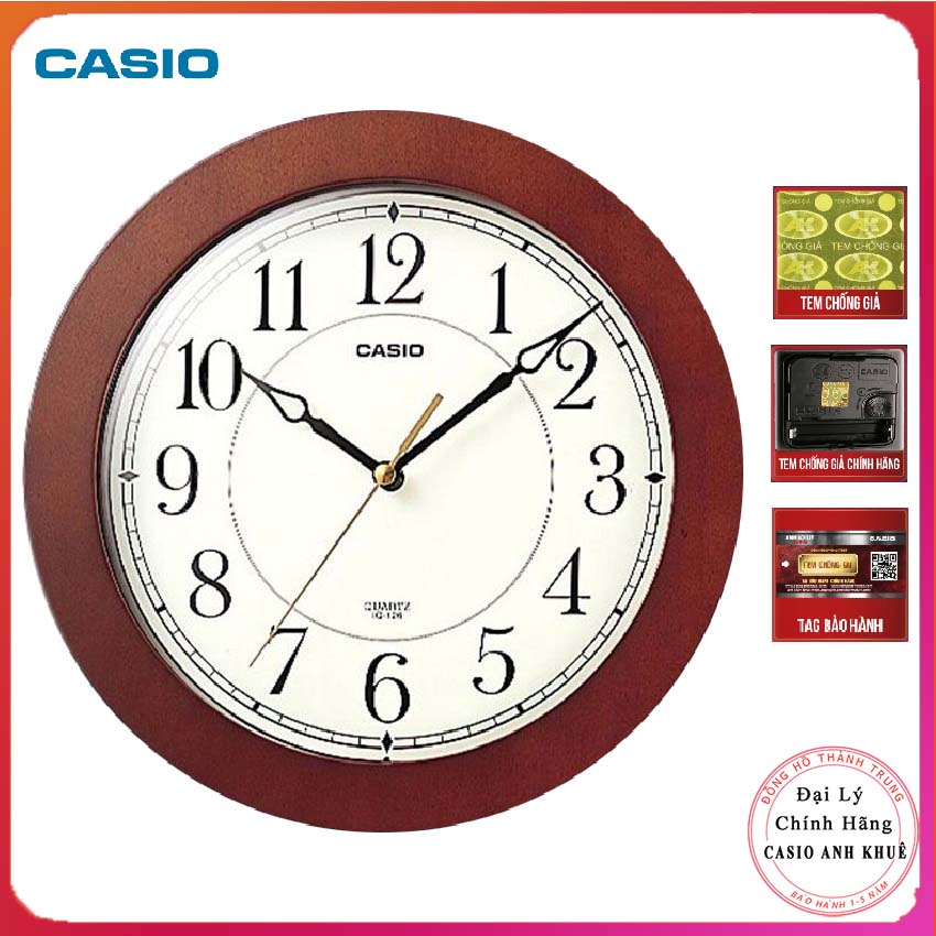 [ FREESHIP ] Đồng hồ treo tường Casio IQ-126-5DF vỏ gỗ,  kim trôi im lặng