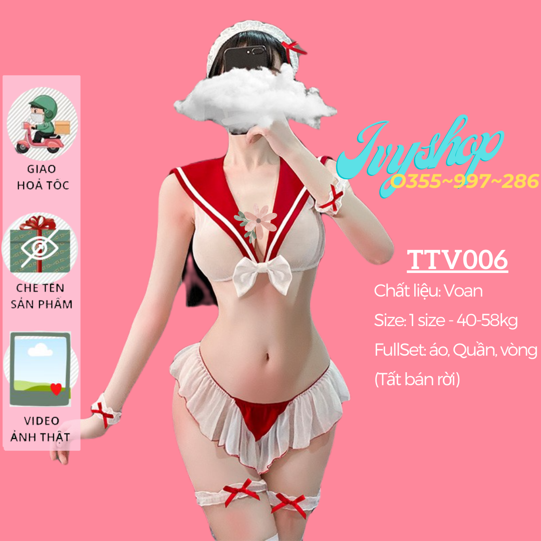 Bộ Đồ Ngủ Cosplay Sexy Nữ Sinh Xuyên Thấu, Váy Ngủ Thủy Thủ Voan Thun Lưới 3 Điểm - Màu Đỏ, Xanh - Hàng Cao Cấp - mã  TTV006