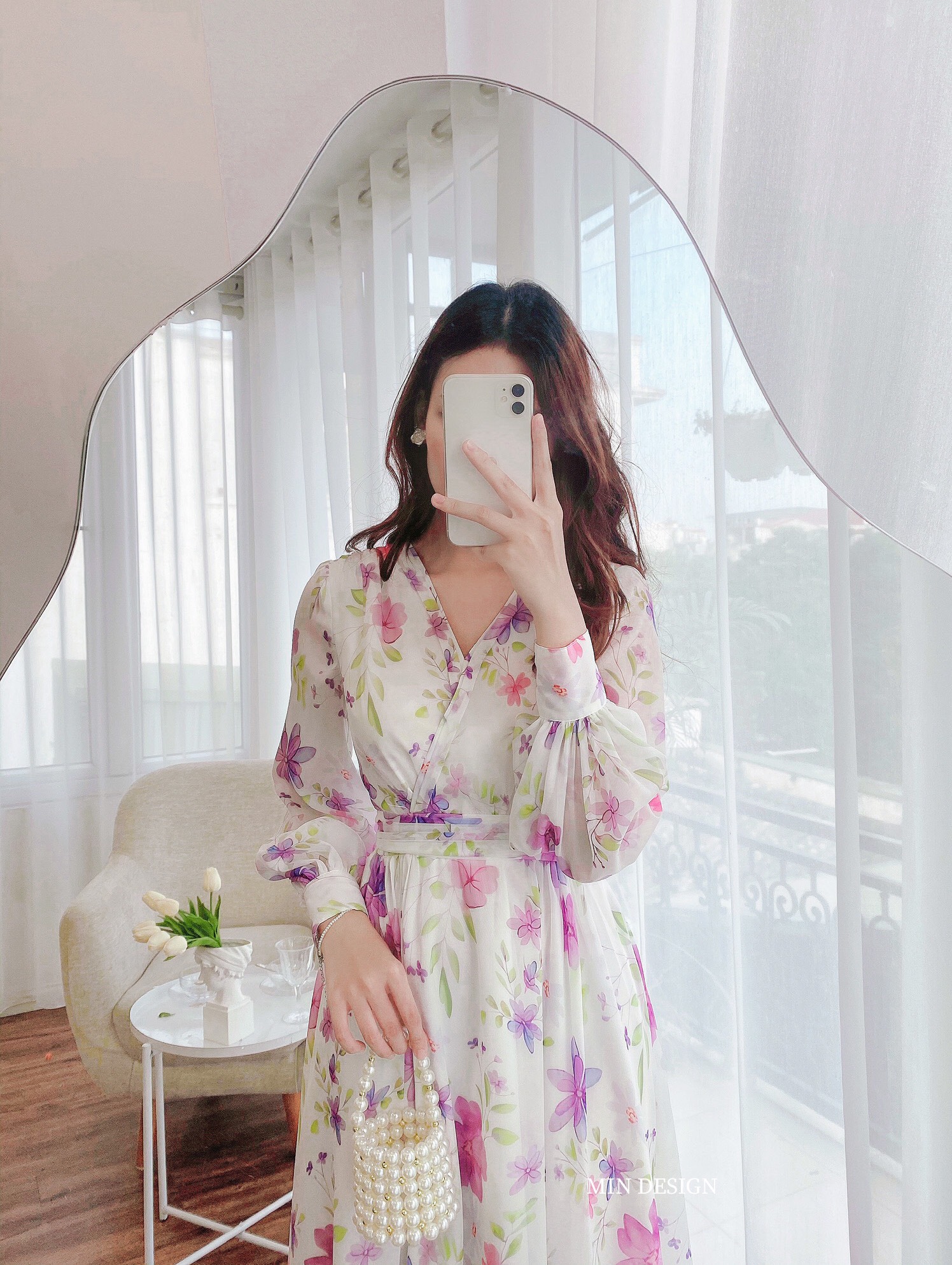 Váy cổ tim hoa tím xòe Min Design