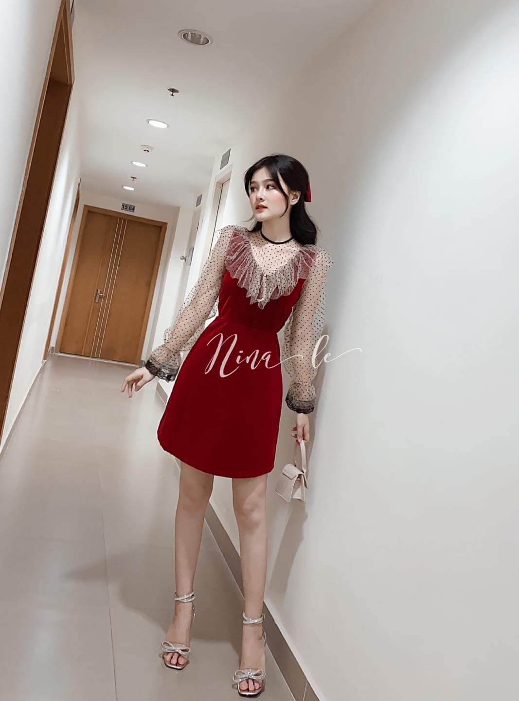 [HCM]Đầm xèo nhung phối bi sang chảnh nữ tính DN04