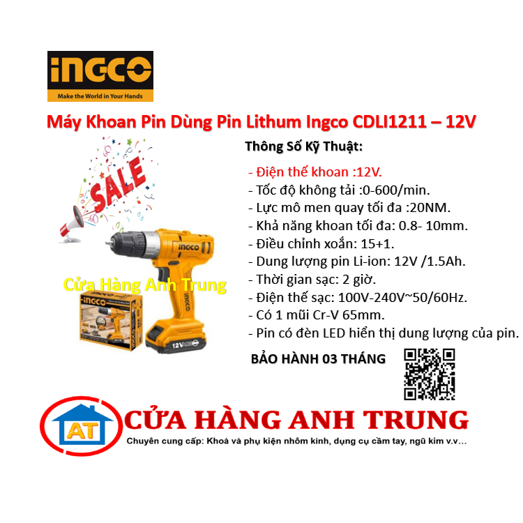 Máy Khoan Pin Dùng Pin Lithum Ingco CDLI1211 - 12V