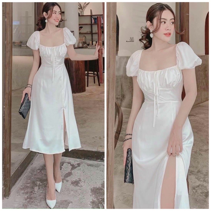 Đầm trắng cổ vuông xẻ tà