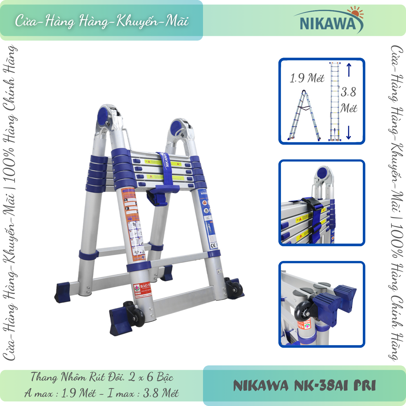 Nikawa | thang nhôm rút đôi xếp gọn nikawa nk-38ai pri, nk-44ai pri, nk-50ai pri, nk-56ai pri từ 3.8 mét đến 5.6 mét - hàng chính hãng