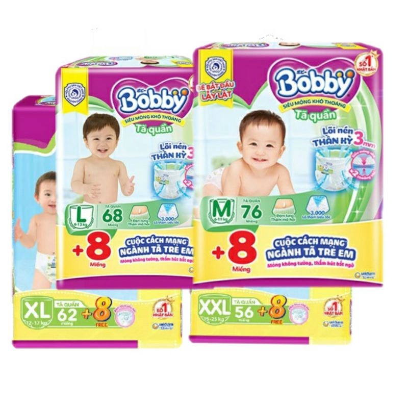 ( Cộng 6/8 miếng ) Bỉm Bobby dán size M76,L68,Xl62, Xxl56 mới nhất.