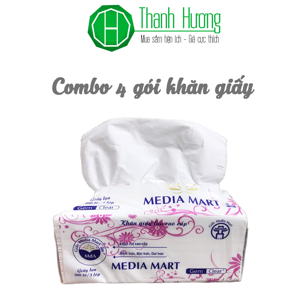 Combo 4 gói khăn giấy rút cao cấp Media Mart 300 tờ-3 lớp