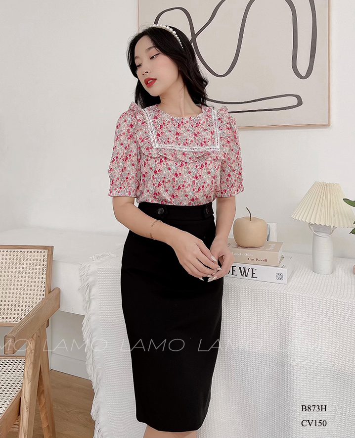 ÁO SƠ  MI HOA CỔ TRÒN VIỀN REN -B873