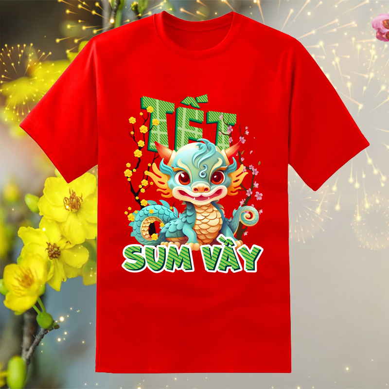 Áo thun tết sum vầy 2024, áo thun gia đình tết sum vầy 2024 giáp thìn năm con rồng, áo thun gia đình tết unisex có size trẻ em, vải cotton dày mịn. in cao cấp