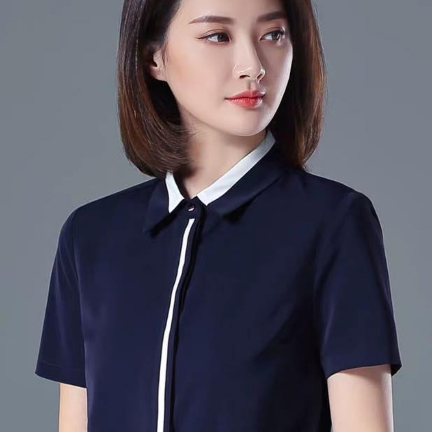 [HCM]áo sơ mi nữ ngắn tay phối viền nút PONIVA BRANCH vải kate mềm mịn