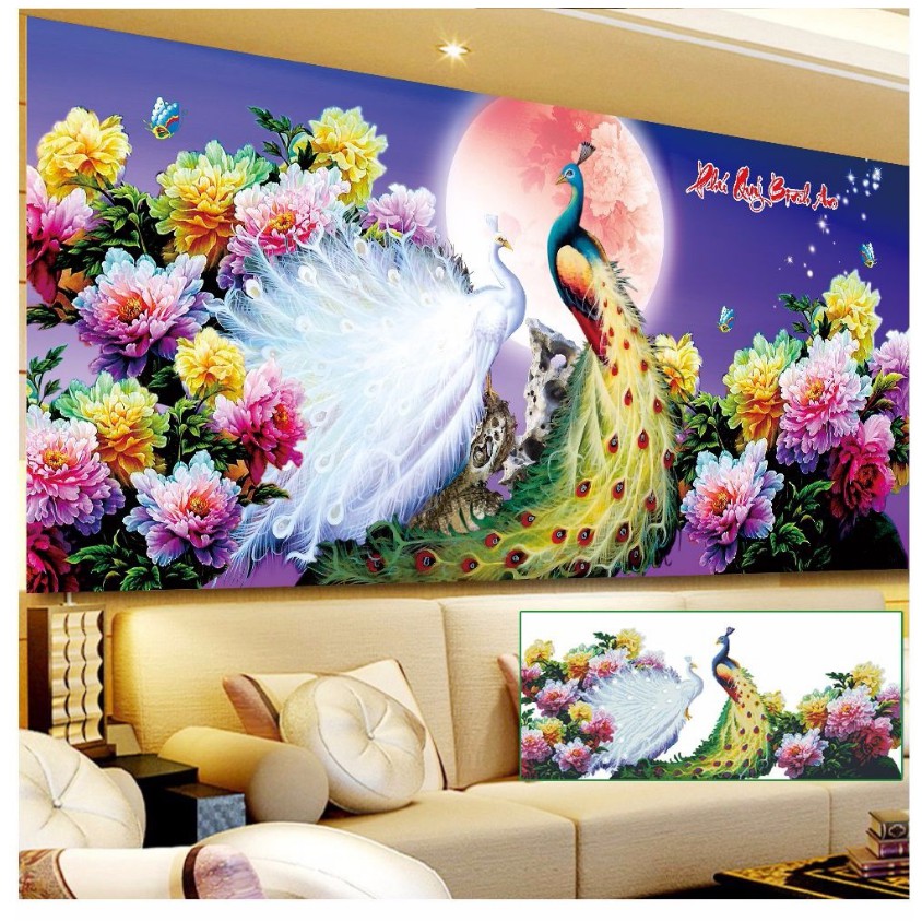 Tranh thêu chữ thập 3d đôi công tím đôi CÔNG PHÚ QUÝ BÌNH AN (ĐÁ ABC CAO CẤP). Kích Thước: 1m2 x 60cm - 1m6 x 75cm