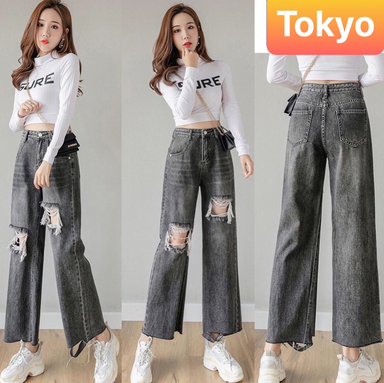 QUẦN JEAN BAGGY NỮ CHẤT BÒ XÁM RÁCH ỐNG RỘNG LƯNG CAO NÂNG MÔNG D-102 CAO CẤP - TOKYO FASHION