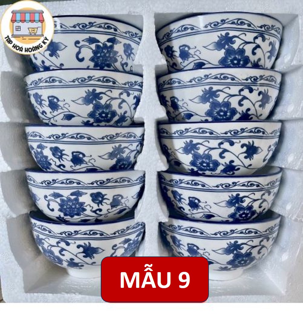 Bộ 10 Chén gốm sứ ăn cơm hoa văn 4D viền miệng chén ( không hộp Mousse)
