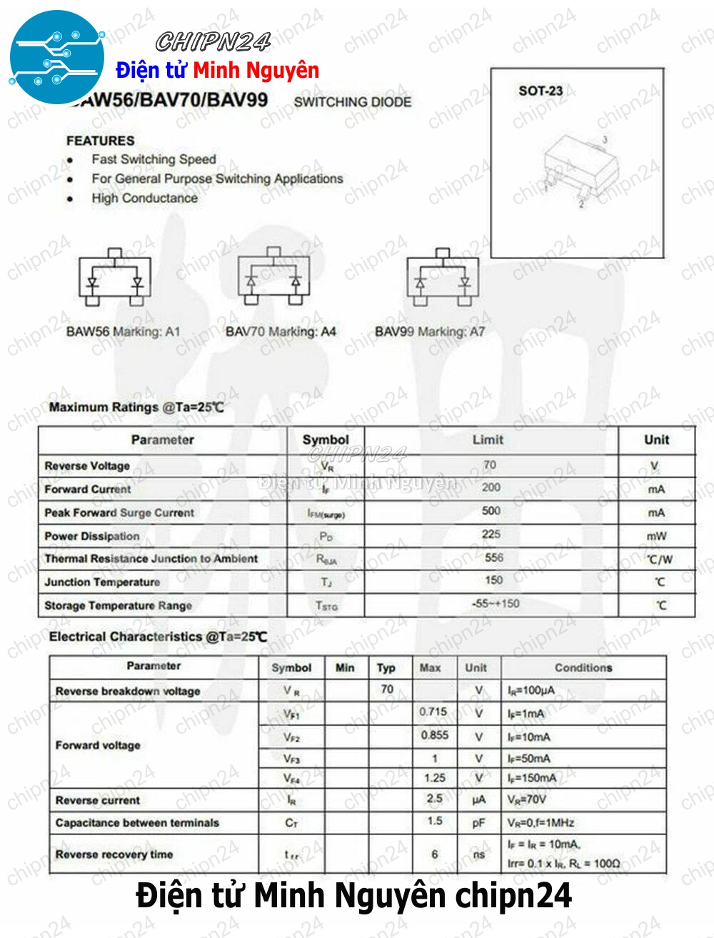 [25 con] (G9.1) Diode Dán BAV99 (A7) SOT-23 0.2A 70V (SMD) (Diode Kép) - HH007422